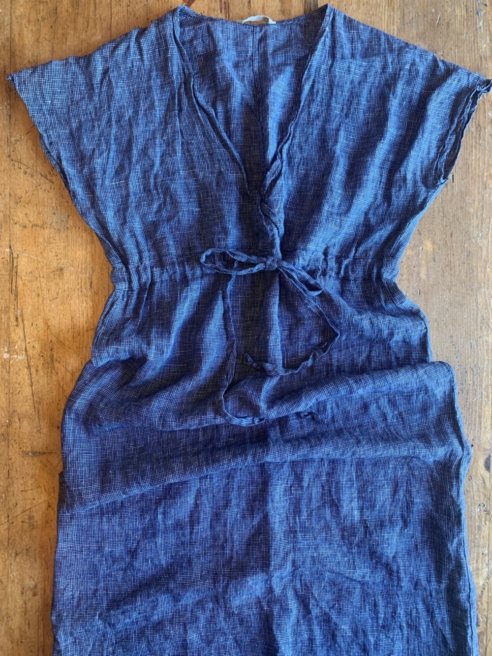 Fog Linen Works Linen Maxi Tie-Waist Dress in Navy Blue